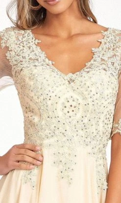 Elizabeth K GL1982 - Applique-Ornate Quarter Sleeve Evening Dress