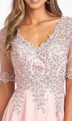 Elizabeth K GL1982 - Applique-Ornate Quarter Sleeve Evening Dress