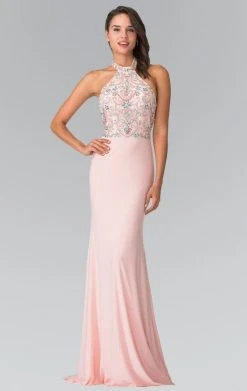 Elizabeth K - GL2279 Beaded Halter Neck Rome Jersey Sheath Dress