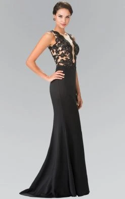 Elizabeth K - GL2286 Laced Illusion High Neck Jersey Trumpet Dress