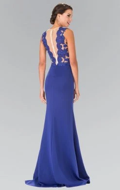 Elizabeth K - GL2286 Laced Illusion High Neck Jersey Trumpet Dress