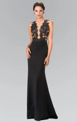 Elizabeth K - GL2286 Laced Illusion High Neck Jersey Trumpet Dress