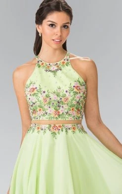Elizabeth K - GL2340 Embellished Halter Neck Chiffon A-Line Dress