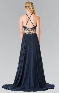 Elizabeth K - GL2340 Embellished Halter Neck Chiffon A-Line Dress