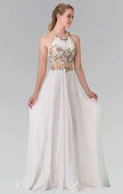 Elizabeth K - GL2340 Embellished Halter Neck Chiffon A-Line Dress