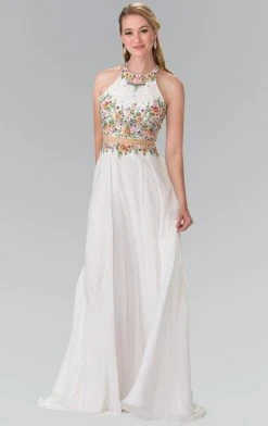 Elizabeth K - GL2340 Embellished Halter Neck Chiffon A-Line Dress