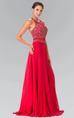 Elizabeth K - GL2347 Embellished Crew Neck Chiffon A-Line Dress