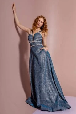 Elizabeth K - GL2506 Deep V-neck Glitter Crepe A-line Dress