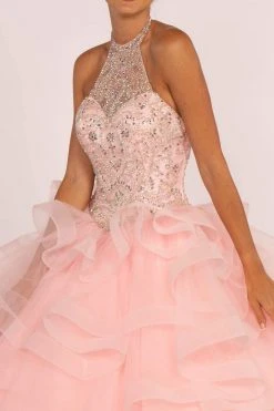 Elizabeth K - GL2512 Ornate Illusion High Halter Ruffled Ballgown