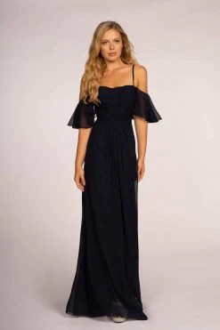 Elizabeth K - GL2615 Pleated Straight Across Neck Chiffon Dress