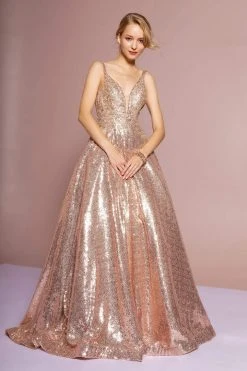 Elizabeth K - GL2652 Sequined Plunging V-Neck Gown