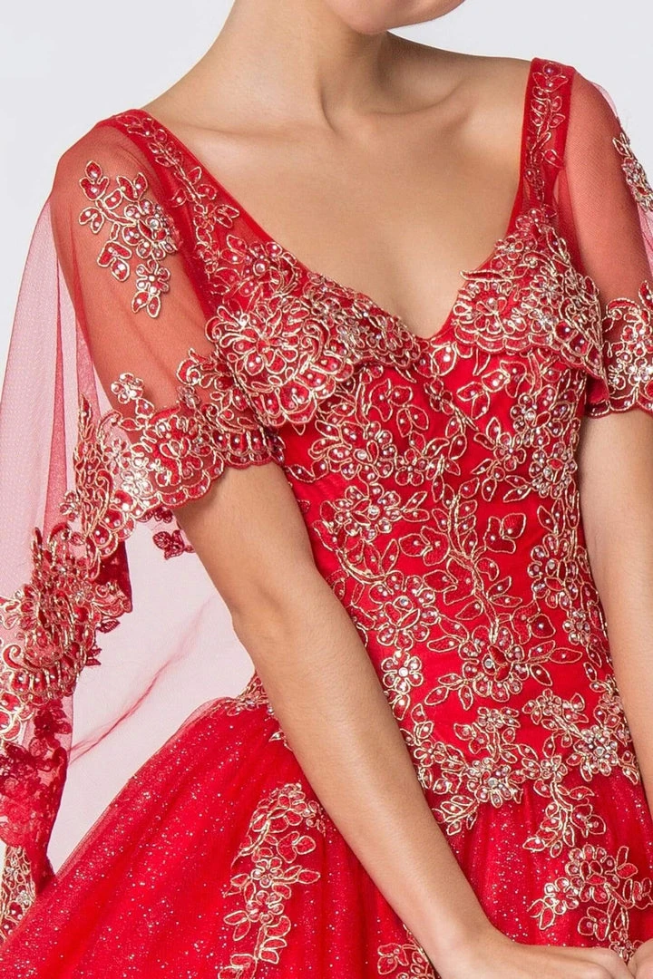 Elizabeth K - GL2800 Sheer Cape Sleeve Appliqued Glitter Ballgown 10 Elizabeth K - GL2800 Sheer Cape Sleeve Appliqued Glitter Ballgown