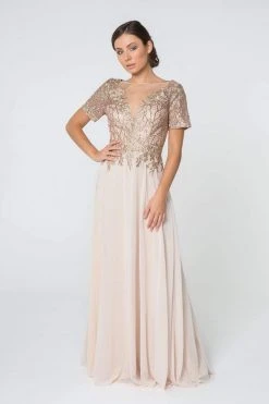 Elizabeth K - GL2826 Metallic Lace Embroidered Chiffon Dress