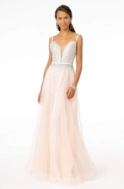 Elizabeth K - GL2892 Plunging Jewel-Studded A-Line Gown