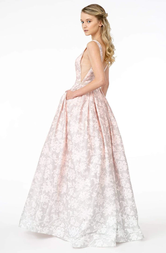 Elizabeth K - GL2897 Plunging Jeweled Waist Jacquard Gown 4 Elizabeth K - GL2897 Plunging Jeweled Waist Jacquard Gown