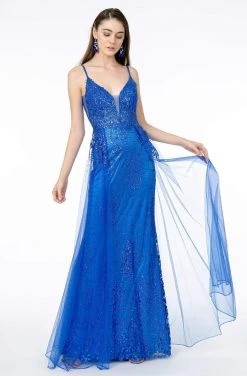 Elizabeth K - GL2924 Illusion Deep V-Neck Glitter Mesh Mermaid Gown