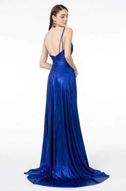 Elizabeth K - GL2927 Pleated V-Neck A-Line Gown With Slit And Train