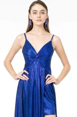 Elizabeth K - GL2927 Pleated V-Neck A-Line Gown With Slit And Train