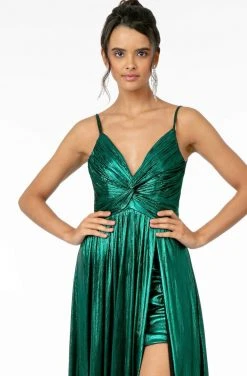 Elizabeth K - GL2927 Pleated V-Neck A-Line Gown With Slit And Train