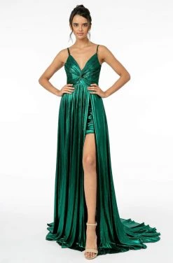 Elizabeth K - GL2927 Pleated V-Neck A-Line Gown With Slit And Train