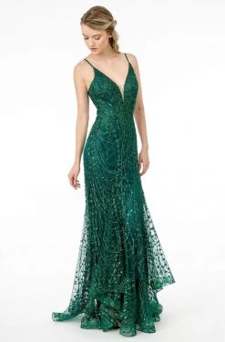 Elizabeth K - GL2938 Glitter Plunging V-Neck Mermaid Dress