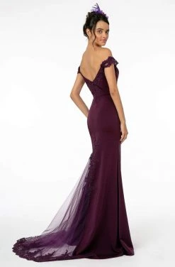 Elizabeth K - GL2958 Beaded Lace Appliqued Off Shoulder Jersey Gown