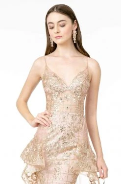 Elizabeth K - GL2959 Plunging V-Neck Glitter Mesh Trumpet Dress