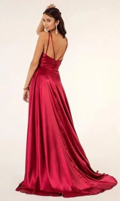 Elizabeth K - GL2963 Deep V-Neck Satin A-Line Dress With Slit