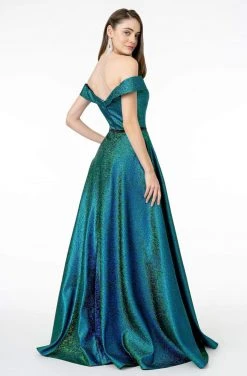 Elizabeth K - GL2982 Folded Off Shoulder Metallic Lame A-Line Gown