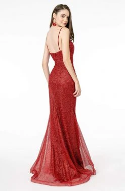 Elizabeth K - GL2988 Glitter Mesh Deep V-Neck Trumpet Dress