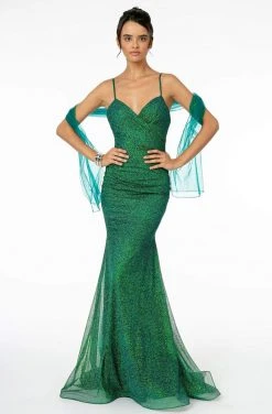 Elizabeth K - GL2988 Glitter Mesh Deep V-Neck Trumpet Dress