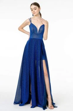 Elizabeth K - GL2997 Deep V-Neck A-Line Gown With Slit