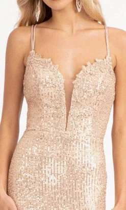 Elizabeth K GL3050 - Lace Trimmed Sequin Prom Dress