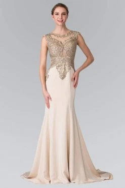 Elizabeth K - Gold Toned Embroidered Beaded Bodice Gown GL1461