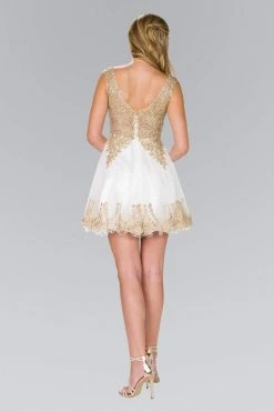Elizabeth K - GS2403 Gold Lace Applique Tulle Cocktail Dress 28 Elizabeth K - GS2403 Gold Lace Applique Tulle Cocktail Dress