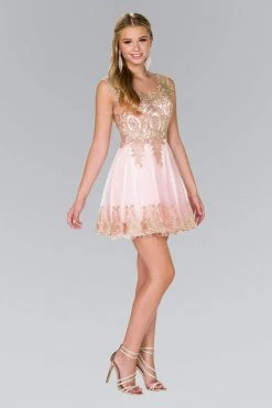Elizabeth K - GS2403 Gold Lace Applique Tulle Cocktail Dress 18 Elizabeth K - GS2403 Gold Lace Applique Tulle Cocktail Dress