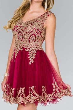 Elizabeth K - GS2403 Gold Lace Applique Tulle Cocktail Dress 20 Elizabeth K - GS2403 Gold Lace Applique Tulle Cocktail Dress