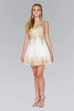 Elizabeth K - GS2403 Gold Lace Applique Tulle Cocktail Dress 29 Elizabeth K - GS2403 Gold Lace Applique Tulle Cocktail Dress