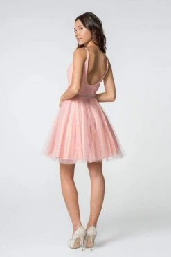 Elizabeth K - GS2865 Glitter Overlaid Plunging Bodice Short Dress