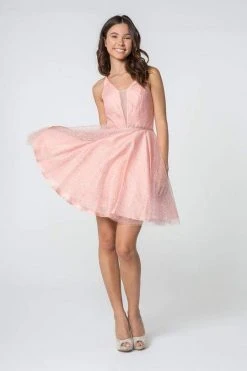 Elizabeth K - GS2865 Glitter Overlaid Plunging Bodice Short Dress