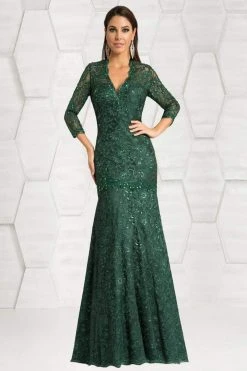 Feriani Couture - 18399 Classy Lace V-Neck Evening Gown