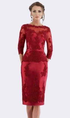 Feriani Couture - 18640 Quarter Sleeve Appliqued Peplum Sheath Dress