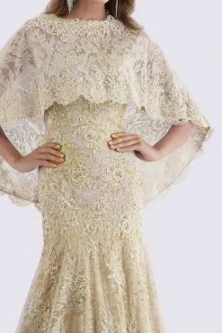 Feriani Couture - 18695 Lace Straight Neck Trumpet Dress With Cape 11 Feriani Couture - 18695 Lace Straight Neck Trumpet Dress With Cape