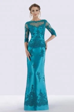 Feriani Couture - 18740 Quarter Sleeve Appliqued Peplum Long Gown