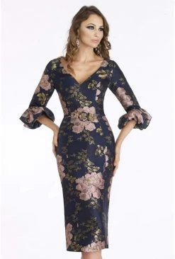 Feriani Couture - 18905SH Floral Detailed V-neck Sheath Dress