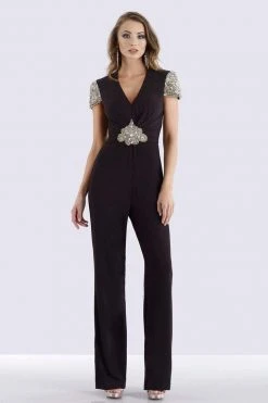 Feriani Couture - 26253 Short Sleeve Ornate V-Neck Ruched Jumpsuit