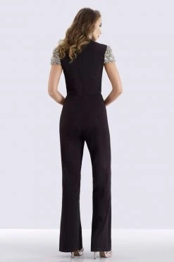 Feriani Couture - 26253 Short Sleeve Ornate V-Neck Ruched Jumpsuit