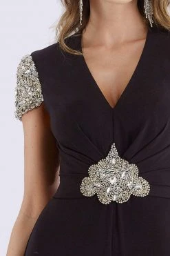 Feriani Couture - 26253 Short Sleeve Ornate V-Neck Ruched Jumpsuit