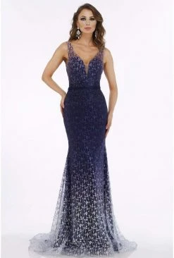 Feriani Couture - 26279 Embellished Deep V-neck Trumpet Dress