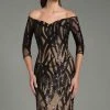 Feriani Couture Beaded Print Off Shoulder Cocktail Dress - 1 Pc Black/Nude In Size 16 Available 2 Feriani Couture Beaded Print Off Shoulder Cocktail Dress - 1 Pc Black/Nude In Size 16 Available